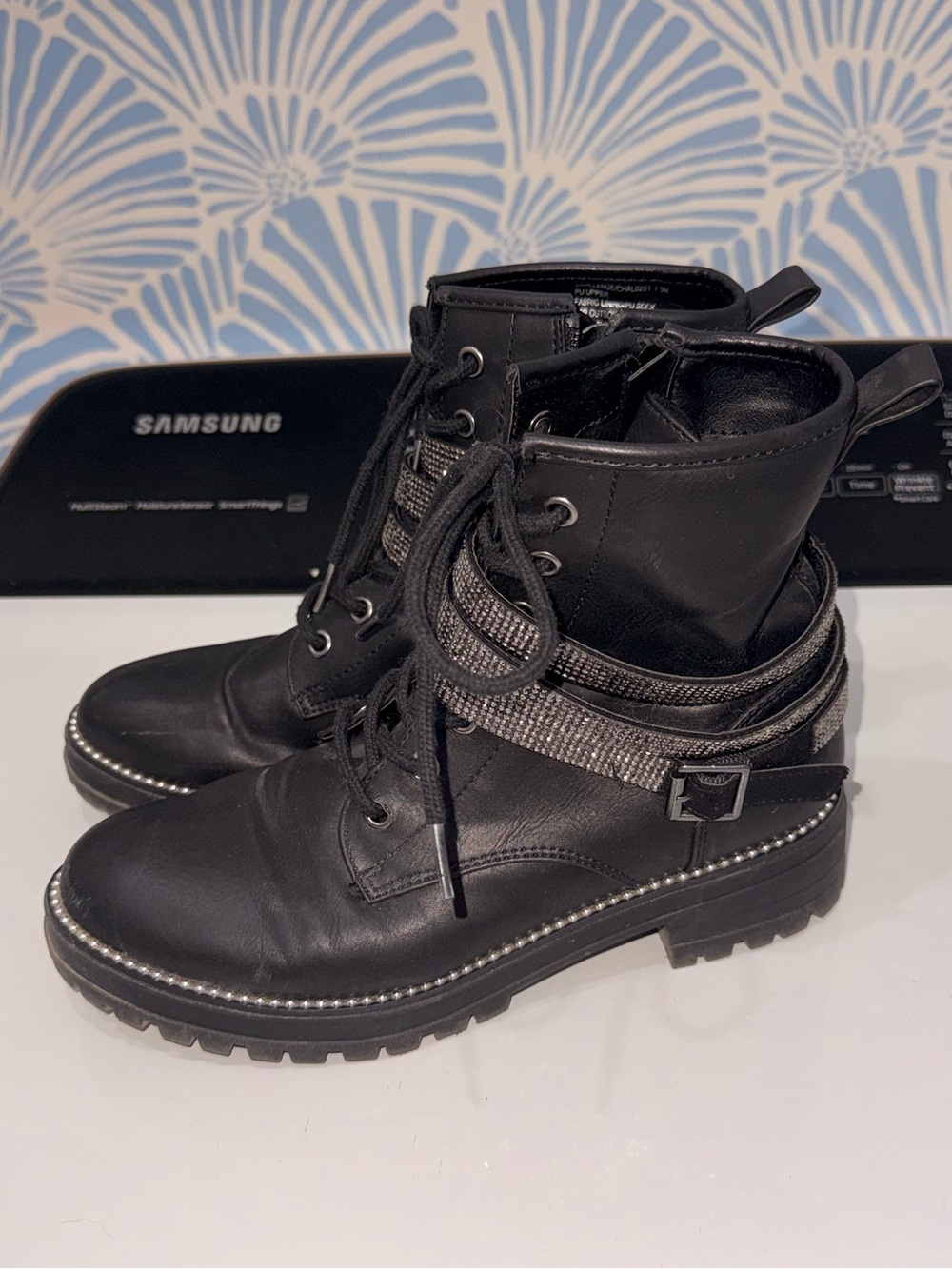 Steve Madden Black Lace-Up Combat Boots with Buckle Strap - Women's